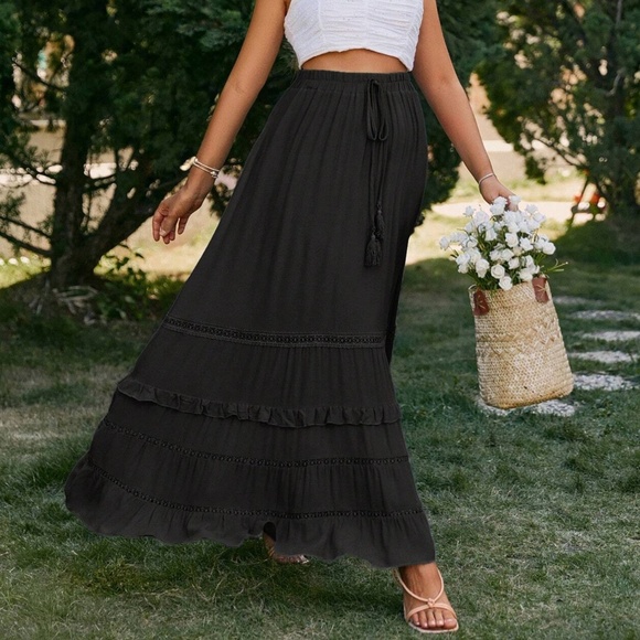 Boho Navy Blue Ruffle Hem Tassel Summer Maxi Skirt - Picture 11 of 12